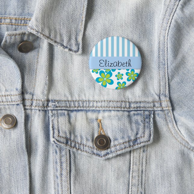 Pattern Of Flowers, Blue Stripes, Your Name 6 Cm Round Badge (In Situ)