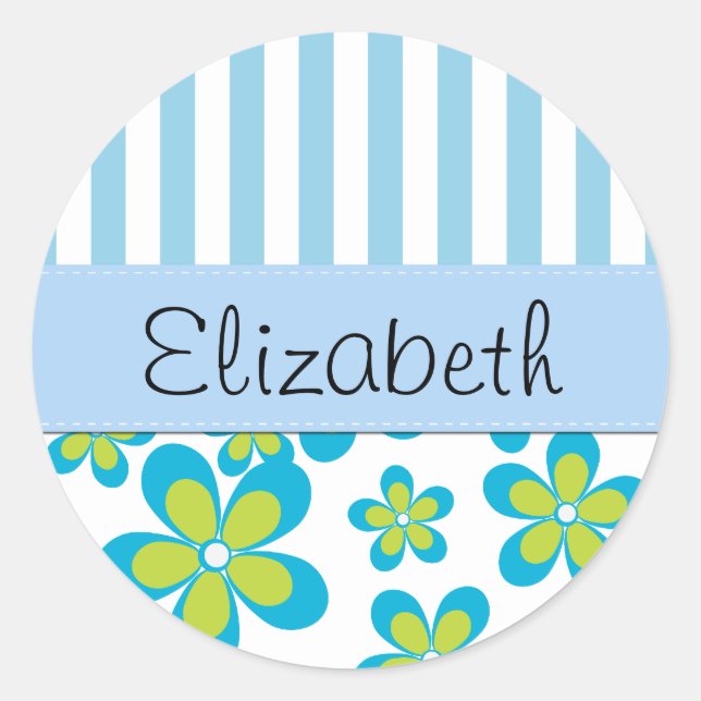 Pattern Of Flowers, Blue Stripes, Your Name Classic Round Sticker (Front)
