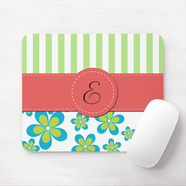 Pattern Of Flowers, Green Stripes, Monogram Mouse Mat (With Mouse)