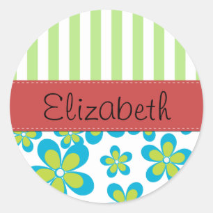 Pattern Of Flowers, Green Stripes, Your Name Classic Round Sticker