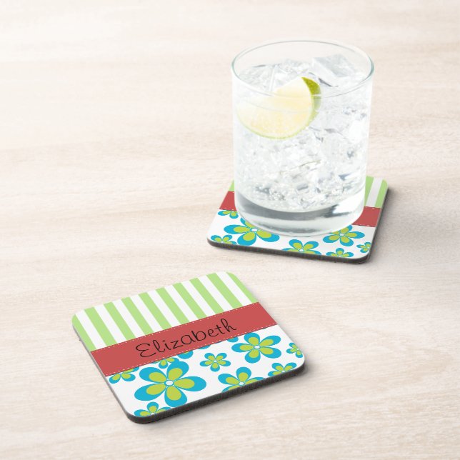 Pattern Of Flowers, Green Stripes, Your Name Coaster (Right Side)