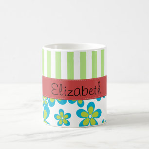 Pattern Of Flowers, Green Stripes, Your Name Coffee Mug