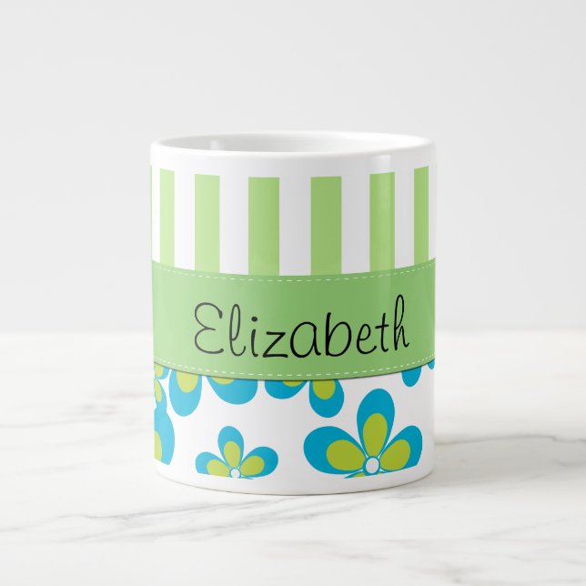 Pattern Of Flowers, Green Stripes, Your Name Large Coffee Mug (Front)