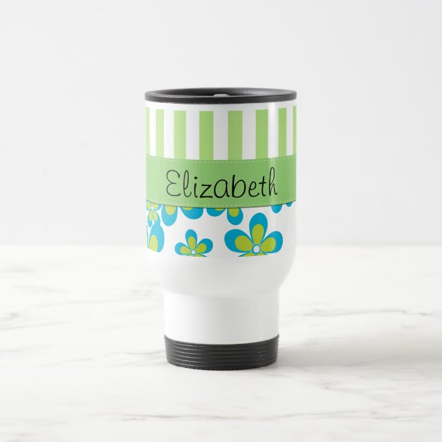 Pattern Of Flowers, Green Stripes, Your Name Travel Mug (Center)