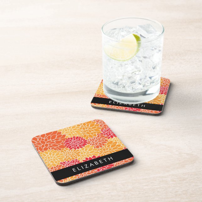 Pattern Of Flowers, Orange Dahlia, Your Name Coaster (Right Side)