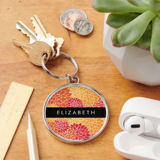 Pattern Of Flowers, Orange Dahlia, Your Name Key Ring (Desk)
