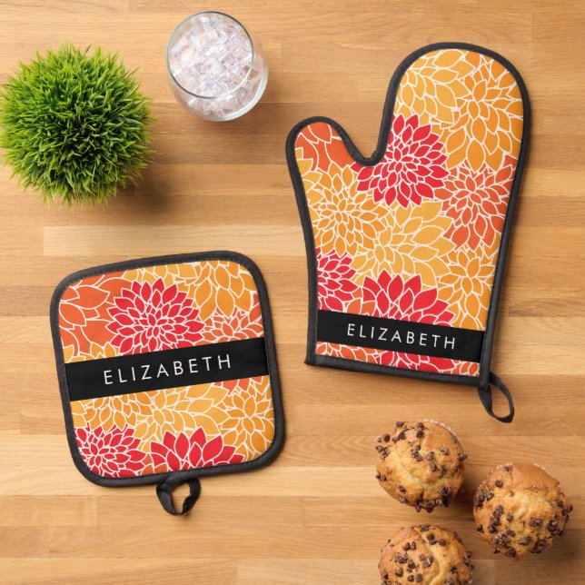 Pattern Of Flowers, Orange Dahlia, Your Name Oven Mitt & Pot Holder Set (Top Down)