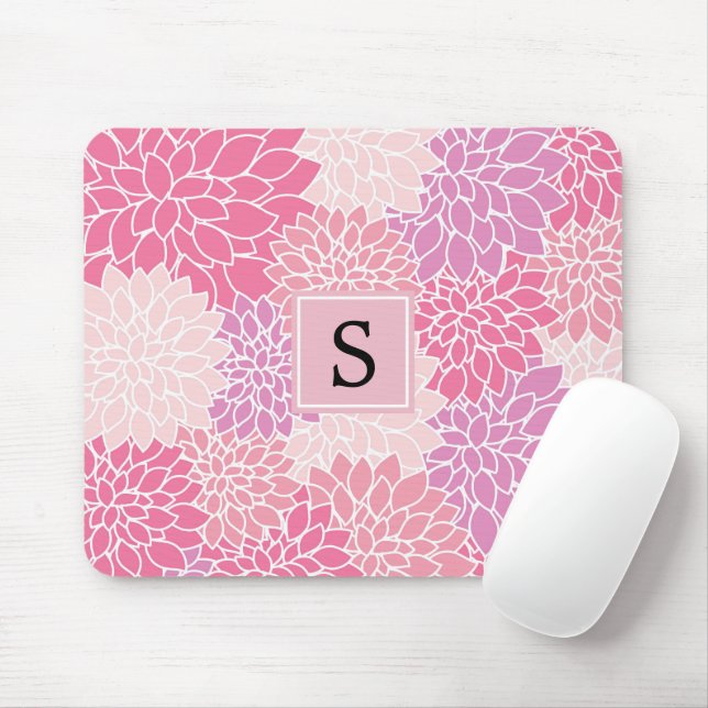 Pattern Of Flowers, Pink Dahlia Flowers, Monogram Mouse Mat (With Mouse)