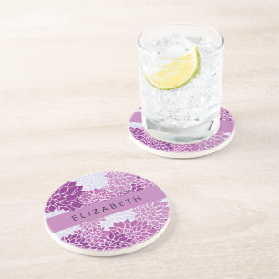 Pattern Of Flowers, Purple Dahlia, Your Name Coaster