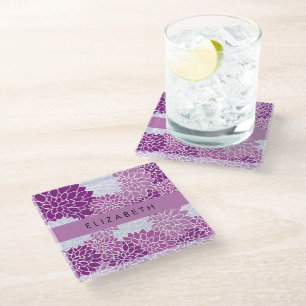 Pattern Of Flowers, Purple Dahlia, Your Name Glass Coaster