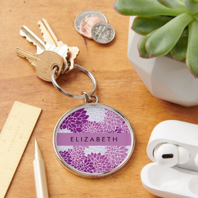 Pattern Of Flowers, Purple Dahlia, Your Name Key Ring (Desk)
