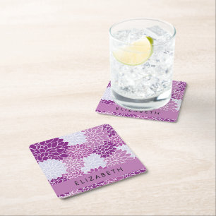 Pattern Of Flowers, Purple Dahlia, Your Name Square Paper Coaster