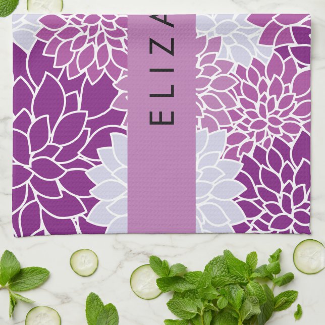 Pattern Of Flowers, Purple Dahlia, Your Name Tea Towel (Folded)