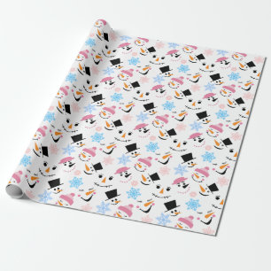 Pattern Of Funny Snowmen Faces And Snowflakes Wrapping Paper
