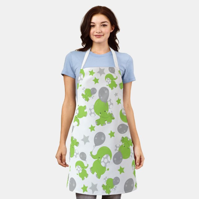 Pattern Of Green Elephants, Cute Elephants, Stars Apron (Worn)
