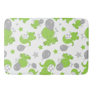 Pattern Of Green Elephants, Cute Elephants, Stars Bath Mat