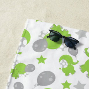 Pattern Of Green Elephants, Cute Elephants, Stars Beach Towel
