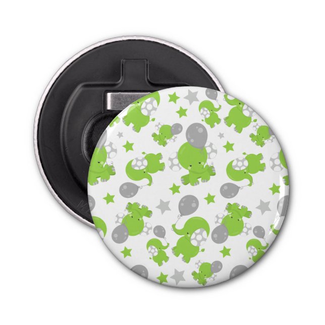 Pattern Of Green Elephants, Cute Elephants, Stars Bottle Opener (Front)