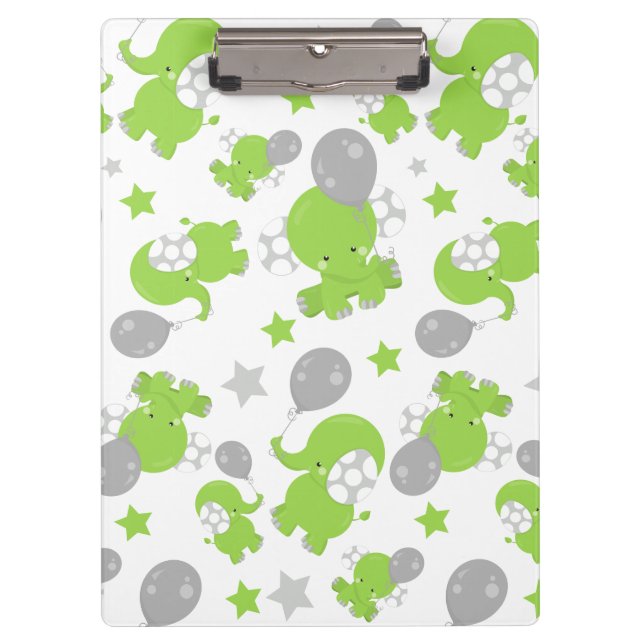 Pattern Of Green Elephants, Cute Elephants, Stars Clipboard (Front)