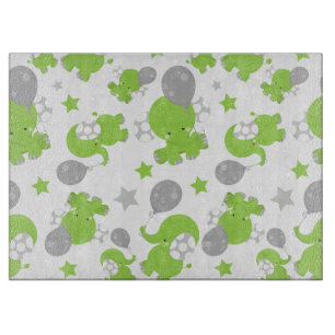 Pattern Of Green Elephants, Cute Elephants, Stars Cutting Board