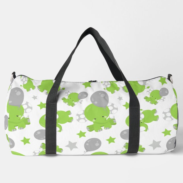 Pattern Of Green Elephants, Cute Elephants, Stars Duffle Bag (Front)