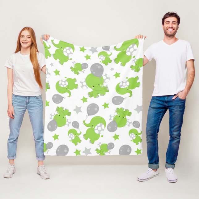 Pattern Of Green Elephants, Cute Elephants, Stars Fleece Blanket (In Situ)