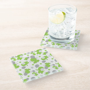 Pattern Of Green Elephants, Cute Elephants, Stars Glass Coaster