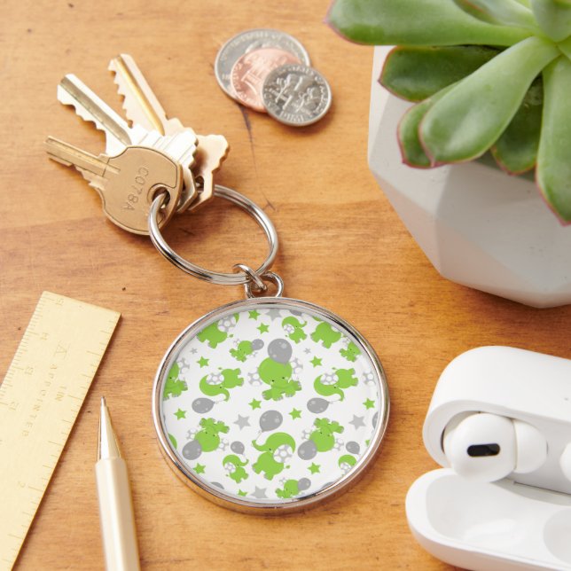 Pattern Of Green Elephants, Cute Elephants, Stars Key Ring (Desk)