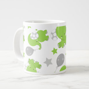 Pattern Of Green Elephants, Cute Elephants, Stars Large Coffee Mug