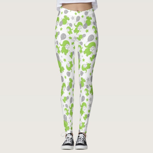 Pattern Of Green Elephants, Cute Elephants, Stars Leggings (Front)