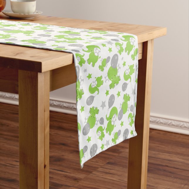 Pattern Of Green Elephants, Cute Elephants, Stars Medium Table Runner (In Situ)
