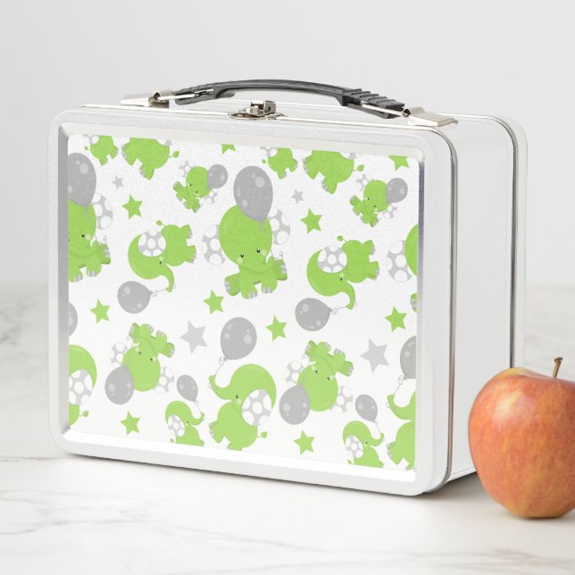 Pattern Of Green Elephants, Cute Elephants, Stars Metal Lunch Box (In Situ)