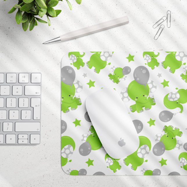 Pattern Of Green Elephants, Cute Elephants, Stars Mouse Mat (Creator Uploaded)