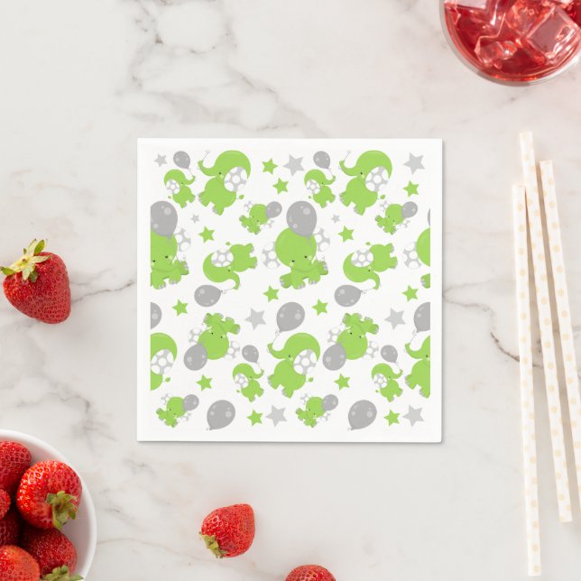 Pattern Of Green Elephants, Cute Elephants, Stars Napkin (Insitu)