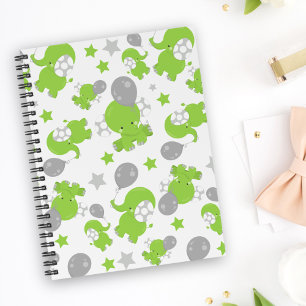 Pattern Of Green Elephants, Cute Elephants, Stars Notebook