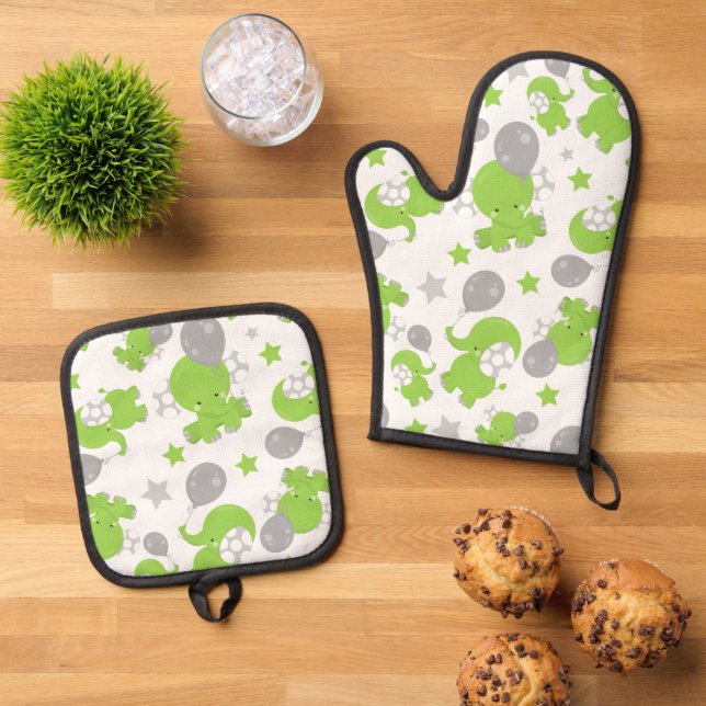 Pattern Of Green Elephants, Cute Elephants, Stars Oven Mitt & Pot Holder Set (Top Down)