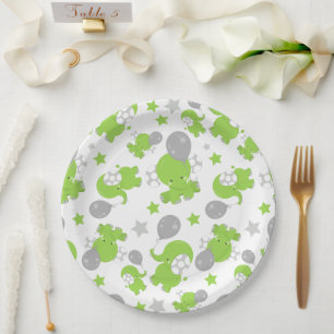 Pattern Of Green Elephants, Cute Elephants, Stars Paper Plate