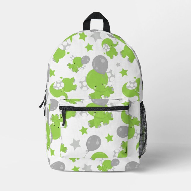 Pattern Of Green Elephants, Cute Elephants, Stars Printed Backpack (Front)