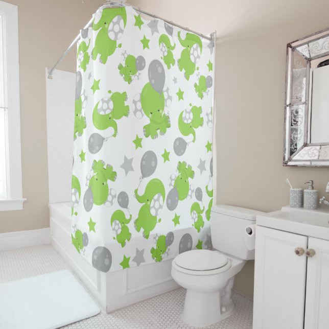 Pattern Of Green Elephants, Cute Elephants, Stars Shower Curtain (In Situ)