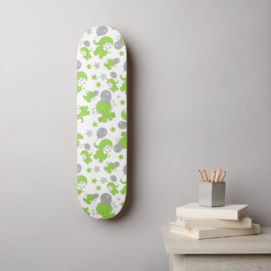 Pattern Of Green Elephants, Cute Elephants, Stars Skateboard