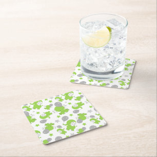 Pattern Of Green Elephants, Cute Elephants, Stars Square Paper Coaster