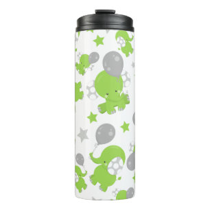 Pattern Of Green Elephants, Cute Elephants, Stars Thermal Tumbler