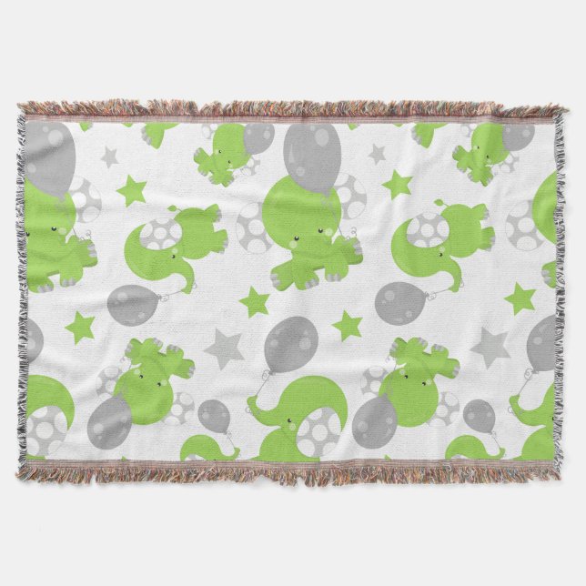 Pattern Of Green Elephants, Cute Elephants, Stars Throw Blanket (Front)