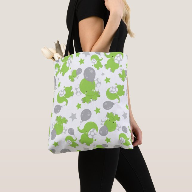 Pattern Of Green Elephants, Cute Elephants, Stars Tote Bag (Close Up)