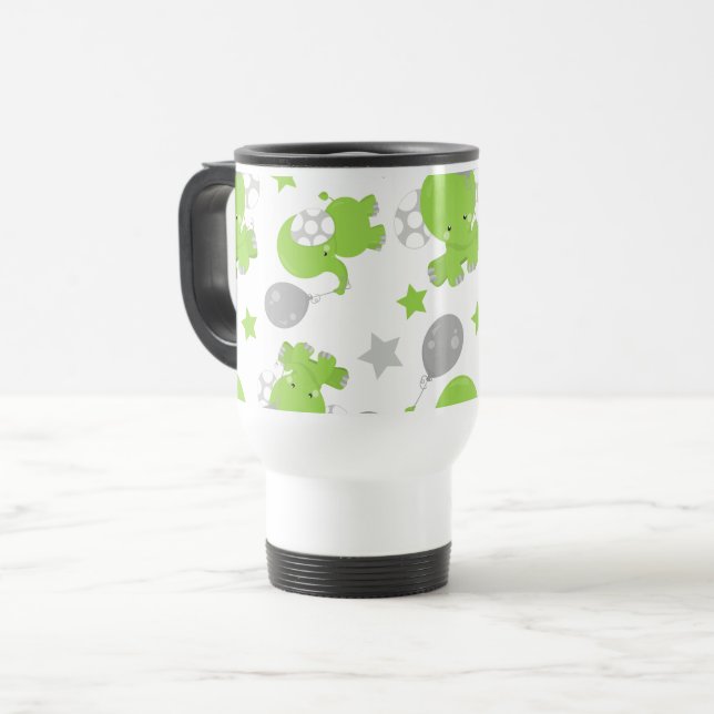 Pattern Of Green Elephants, Cute Elephants, Stars Travel Mug (Front Left)