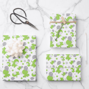 Pattern Of Green Elephants, Cute Elephants, Stars Wrapping Paper Sheet