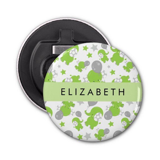 Pattern Of Green Elephants, Stars, Your Name Bottle Opener (Front)
