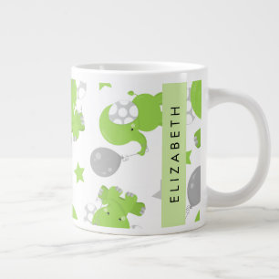 Pattern Of Green Elephants, Stars, Your Name Large Coffee Mug