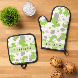 Pattern Of Green Elephants, Stars, Your Name Oven Mitt & Pot Holder Set
