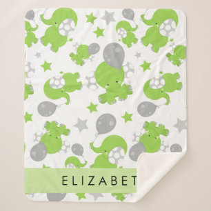 Pattern Of Green Elephants, Stars, Your Name Sherpa Blanket